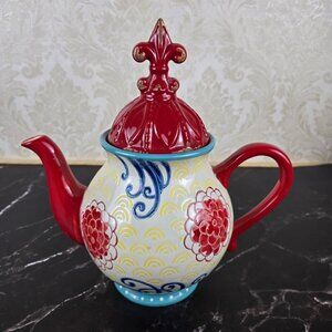 Artistic Accents Teapot Colorful Floral Fleur de Lis Lid Red White Blue Yellow